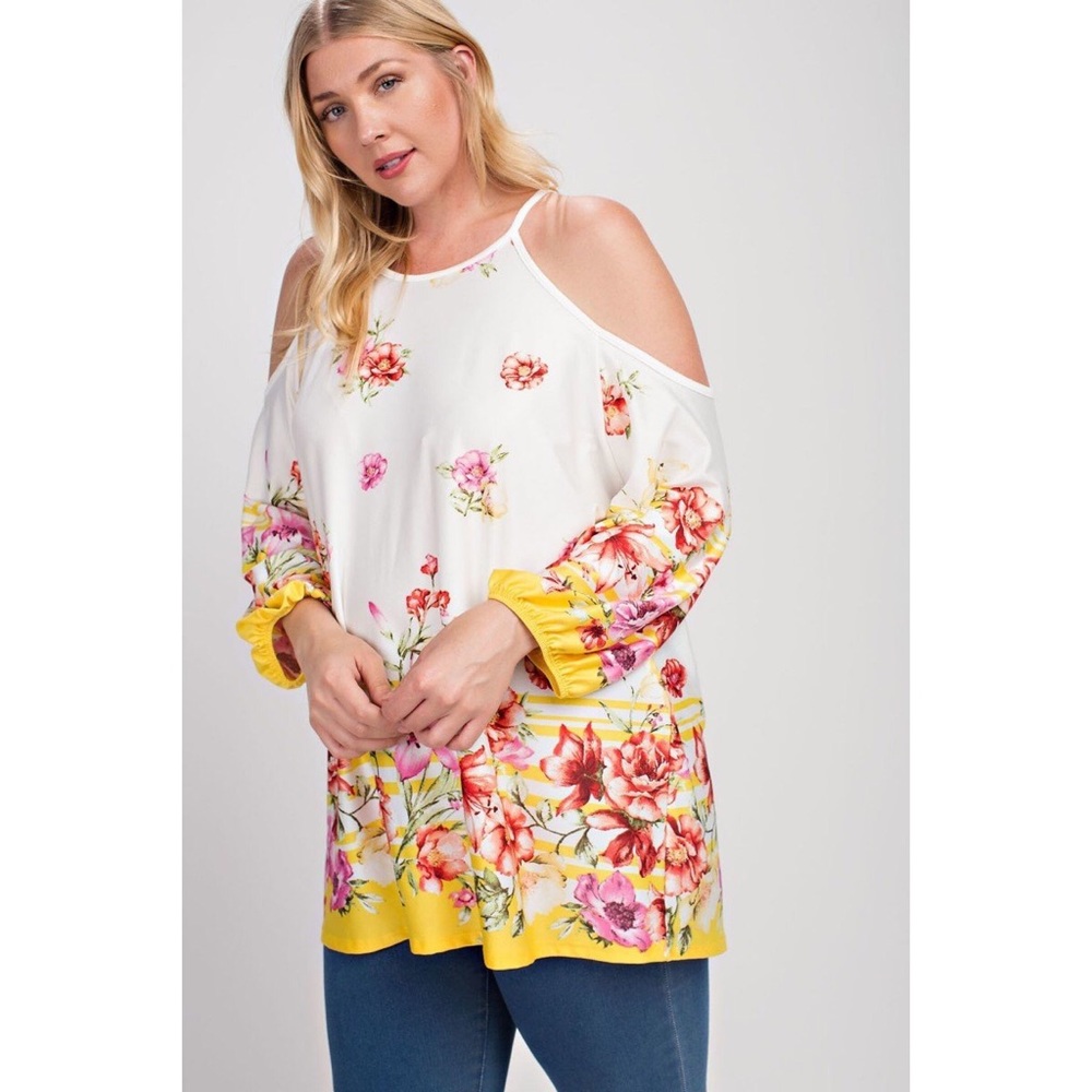 Yellow Striped Floral Cold Shoulder Top